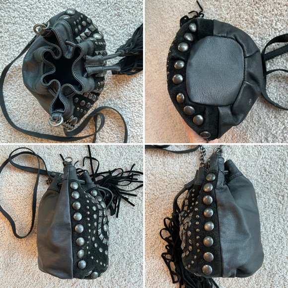 Ecote Leather Black Studded Crossbody Bucket Bag Purse Suede Bohemian Rock Indie - Picture 8 of 15